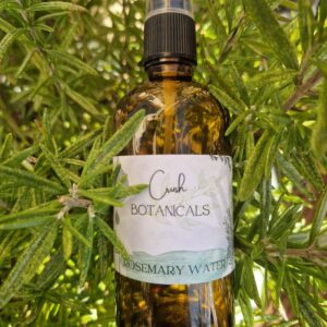 Glass bottle of organic rosemary water spray for hair, surrounded by fresh rosemary sprigs on a natural background